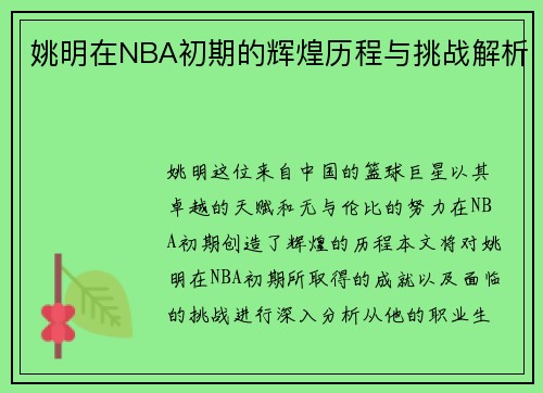 姚明在NBA初期的辉煌历程与挑战解析